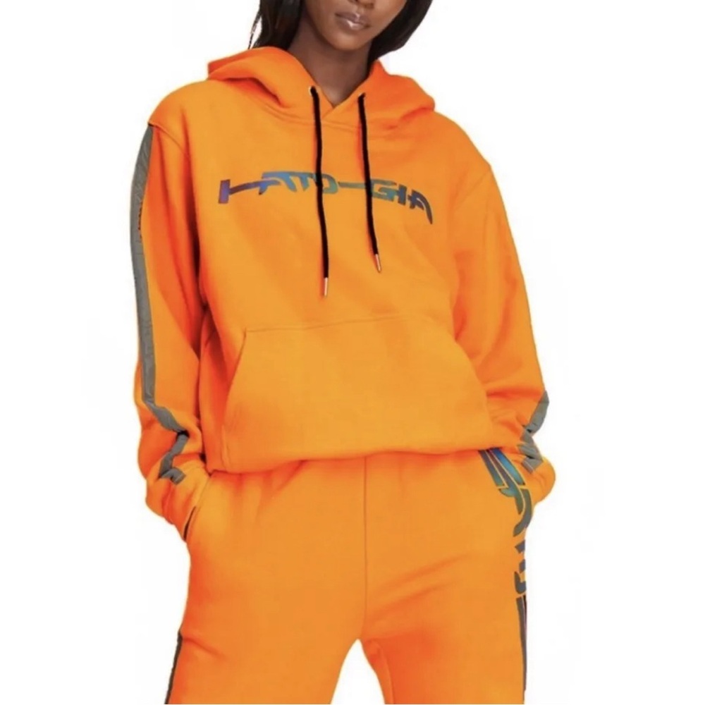 I Am Gia Aporia Hoodie Women XS Reflective Logo Pull Over Kangaroo Pocket orange